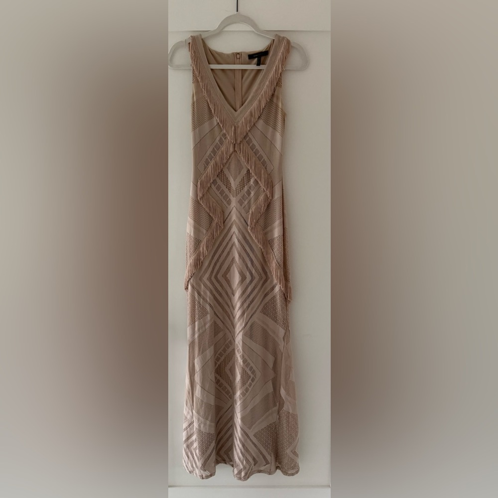 BCBGMaxAzria Blush Beige Fringe Maxi Dress